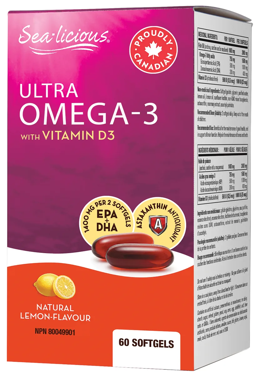 Ultra Omega-3 with Vitamin D3, Natural Lemon Flavour, Sea-licious Softgels